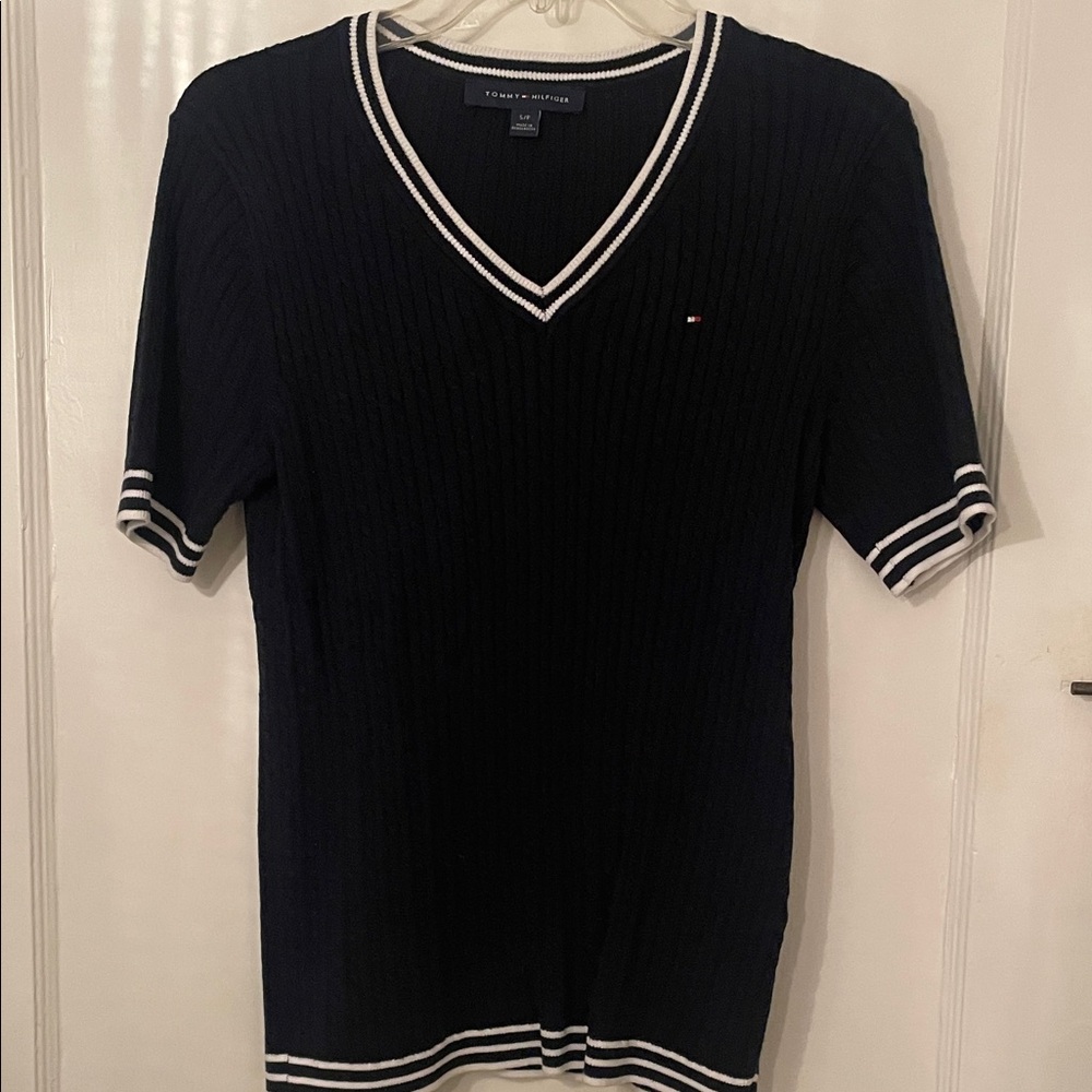 Tommy Hilfiger Navy V-Neck Sweater with White Accents